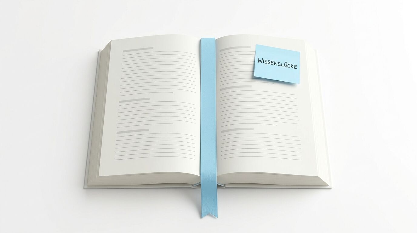 Buch mit Leseband und Notizzettel „WISSENSLÜCKE“