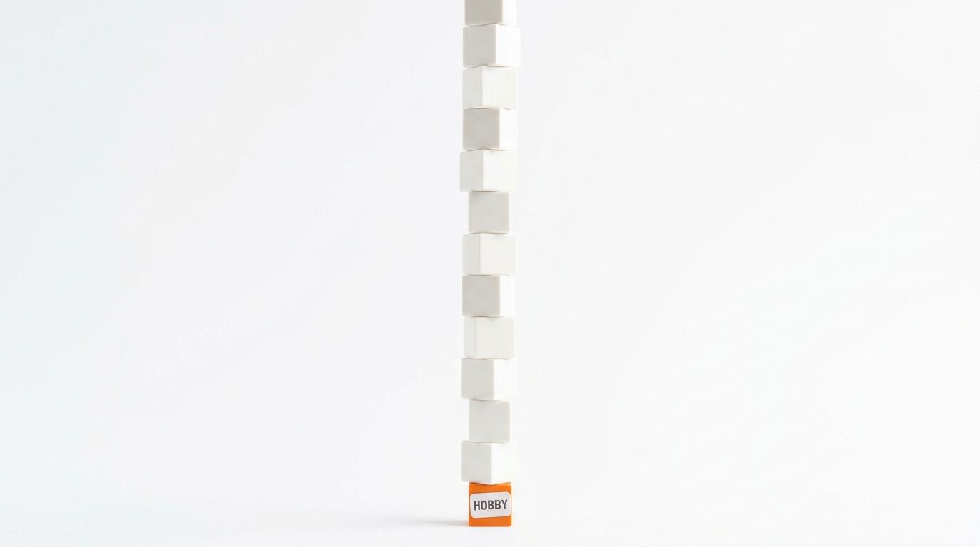 Ein Turm aus weißen Würfeln auf einem orangefarbenen Würfel mit dem Wort