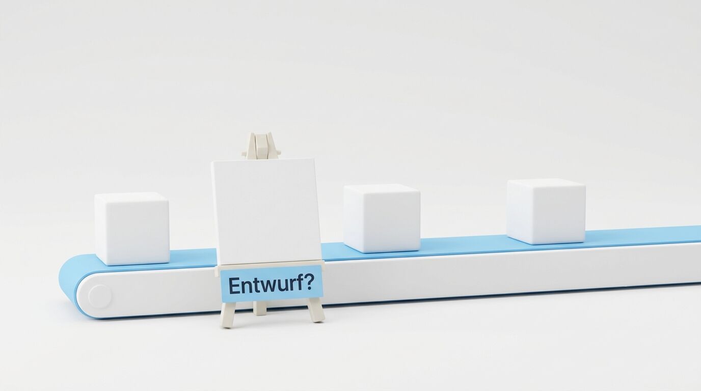 Staffelei vor Förderband mit weißen Würfeln, darauf Schild mit der Aufschrift „Entwurf?“