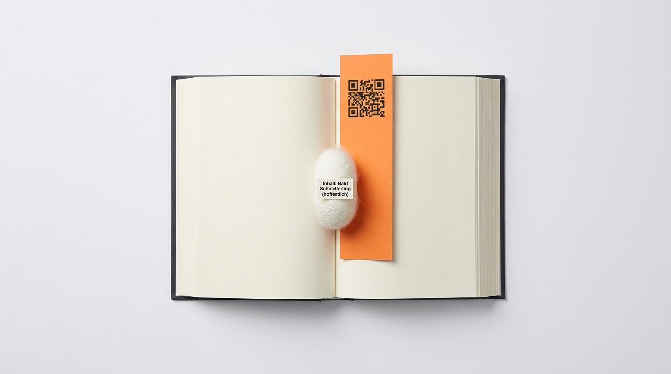 Aufgeschlagenes Buch mit orangefarbenem Lesezeichen (QR-Code) und Kokon (Beschriftung)