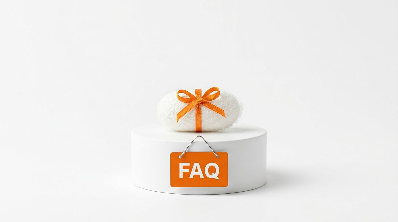 Ein Kokon mit orangefarbener Schleife auf einem Podest mit einem FAQ-Schild davor