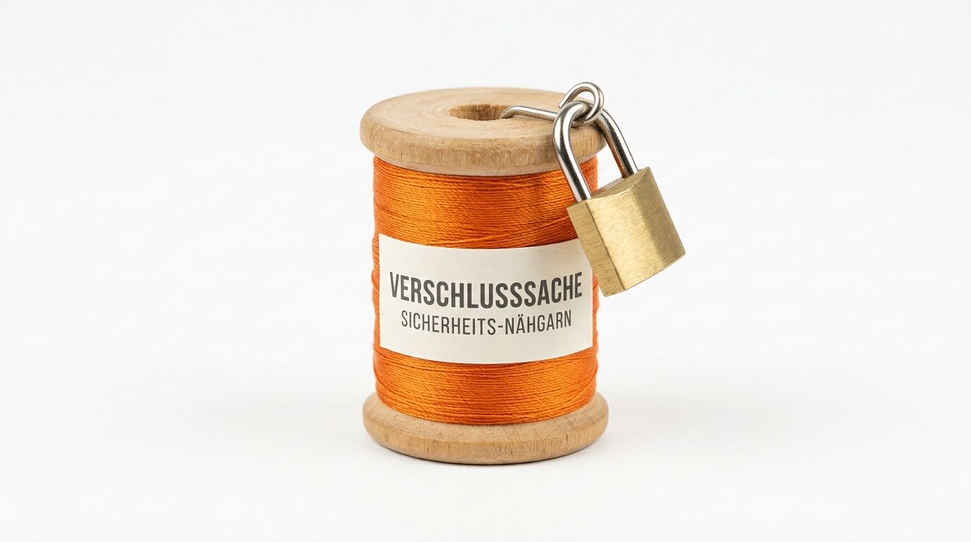 Orange Garnrolle mit Vorhängeschloss und Etikett „VERSCHLUSSSACHE SICHERHEITS-NÄHGARN“