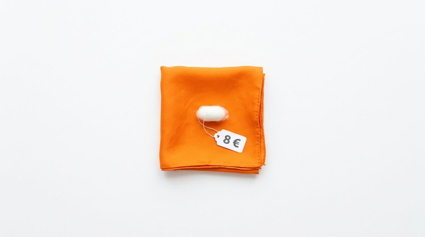 Oranges Tuch mit einem Seidenkokon und einem Preisschild von 8€ auf weißem Hintergrund