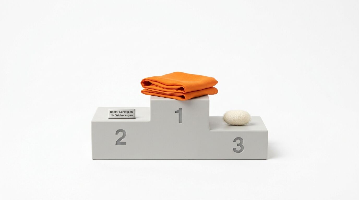 Podest mit orangefarbenem Stoff auf Platz 1, Seidenraupen-Schild auf 2 und Kokon auf 3