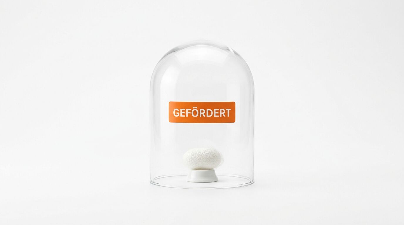 Kokon unter Glashaube mit orangefarbenem Aufkleber 