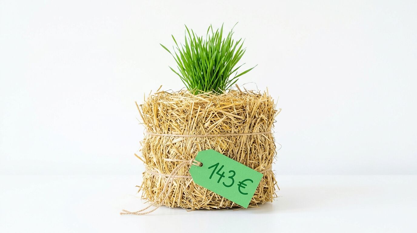 Ein Heuballen mit wachsendem Gras oben und einem Preisschild von 143 € davor