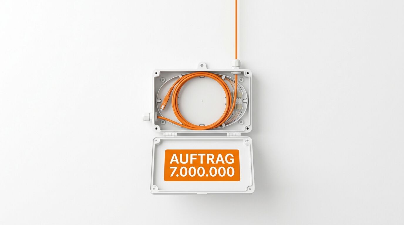 Offener Verteilerkasten mit orangem Glasfaserkabel und Aufschrift AUFTRAG 7.000.000