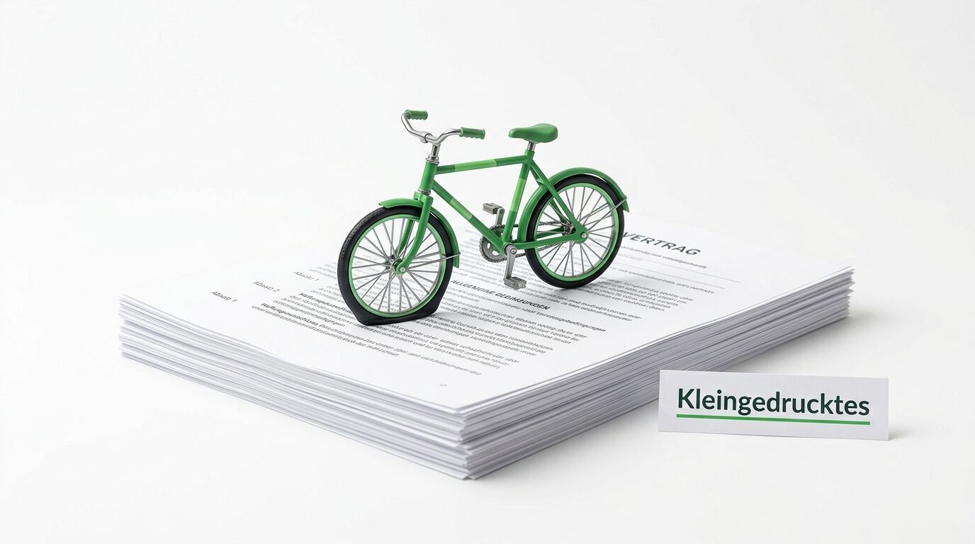 Grünes Fahrrad auf einem Stapel Dokumente mit der Beschriftung "Kleingedrucktes"