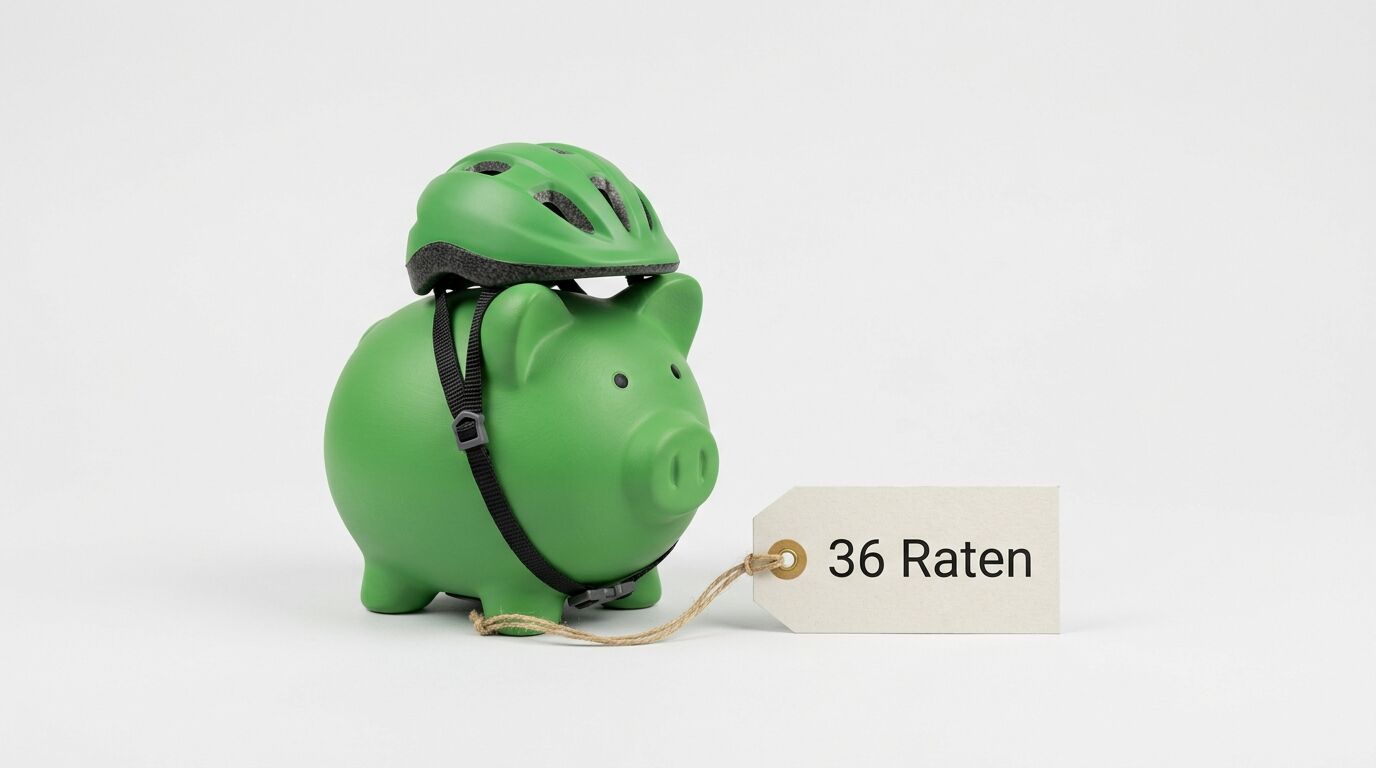 Grünes Sparschwein mit Fahrradhelm und Preisschild "36 Raten" auf weißem Hintergrund