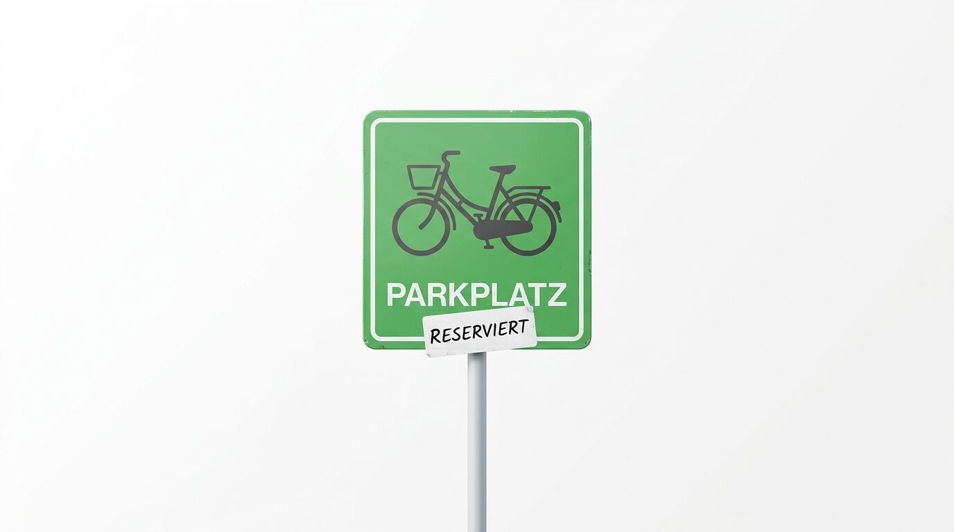 Grünes Schild mit Fahrrad-Symbol, Text "PARKPLATZ" und weißem Aufkleber "RESERVIERT" auf grauem Pfosten