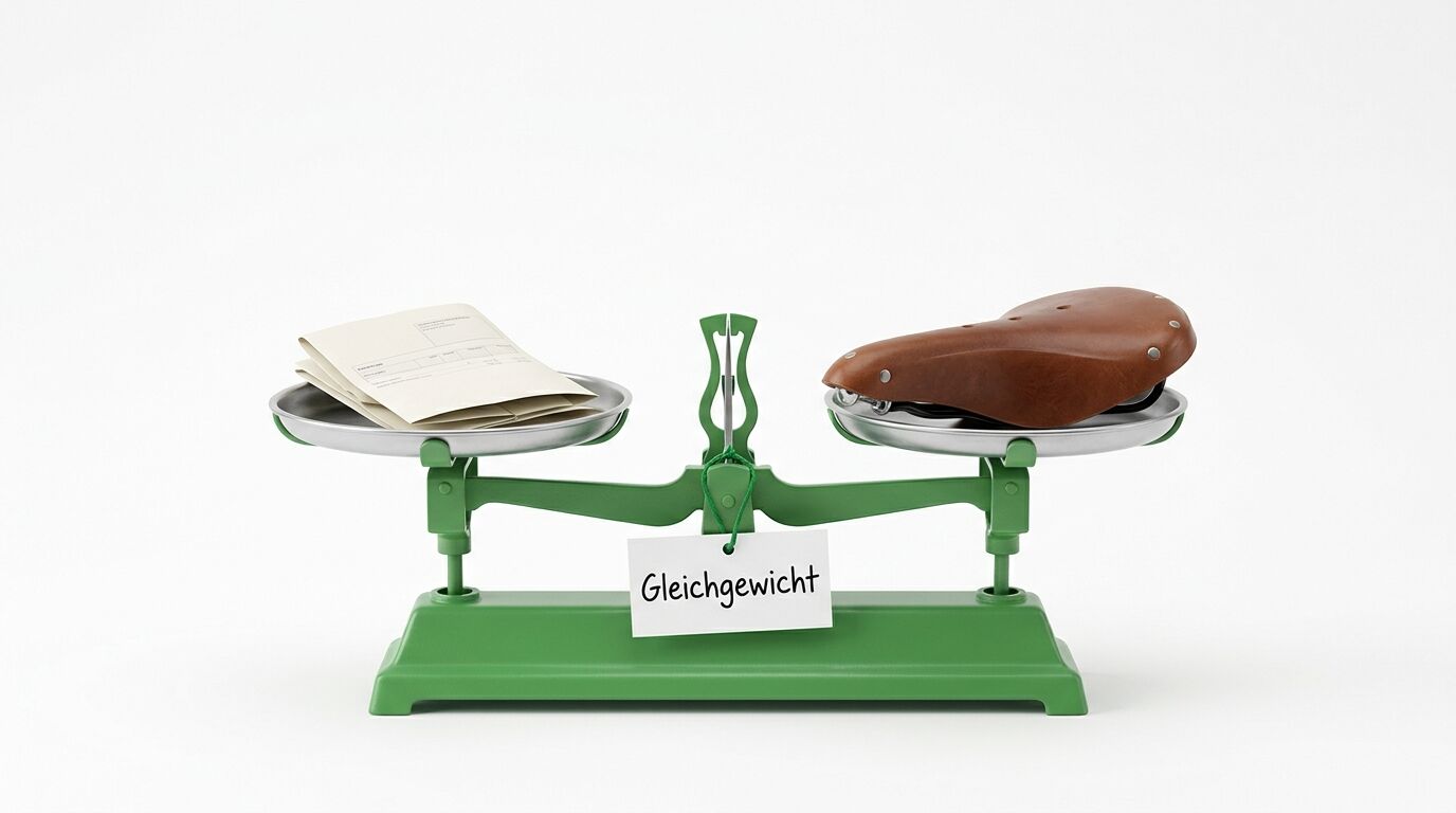 Eine grüne Waage mit ausbalancierten Schalen: links Dokumente, rechts eine Brieftasche. Label "Gleichgewicht"