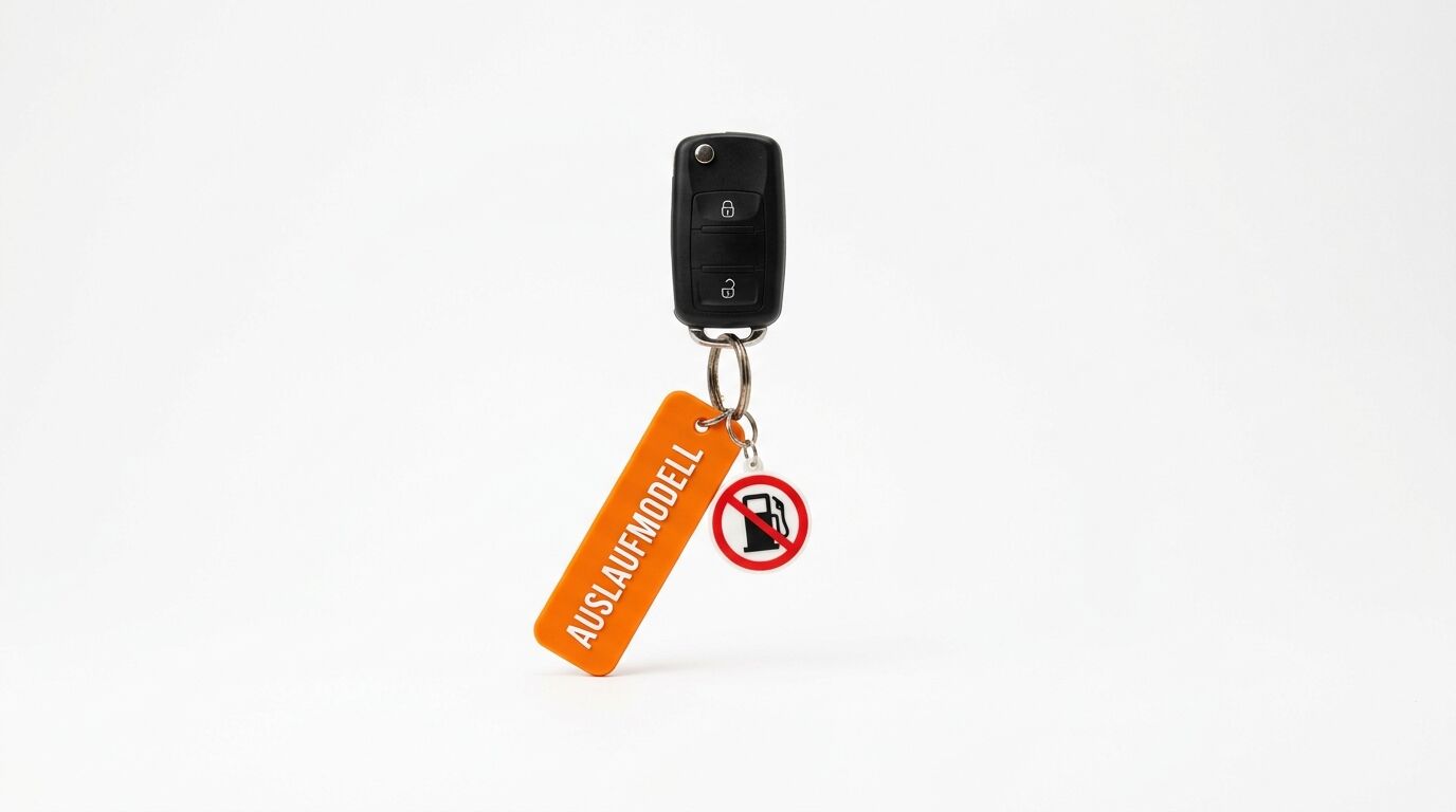 Ein Autoschlüssel mit Anhänger „AUSLAUFMODELL“ und durchgestrichener Zapfsäule