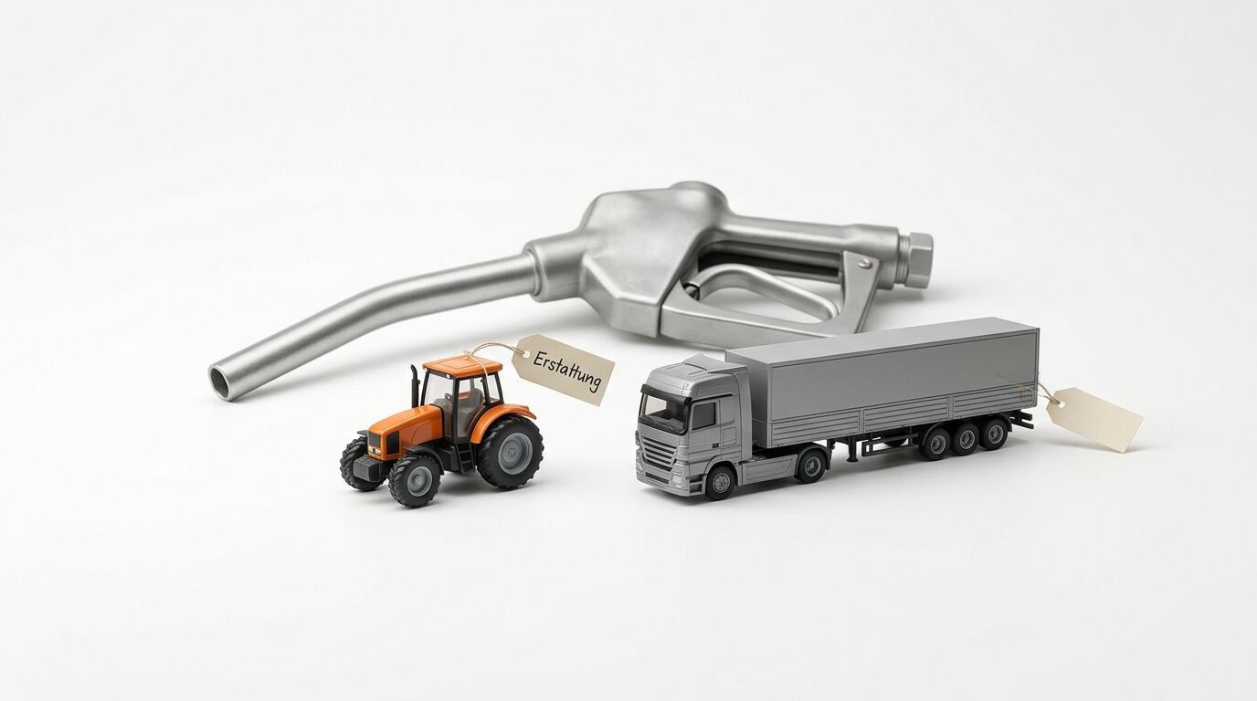 Modellfahrzeuge von Traktor und LKW vor Zapfpistole, teils mit Anhängern