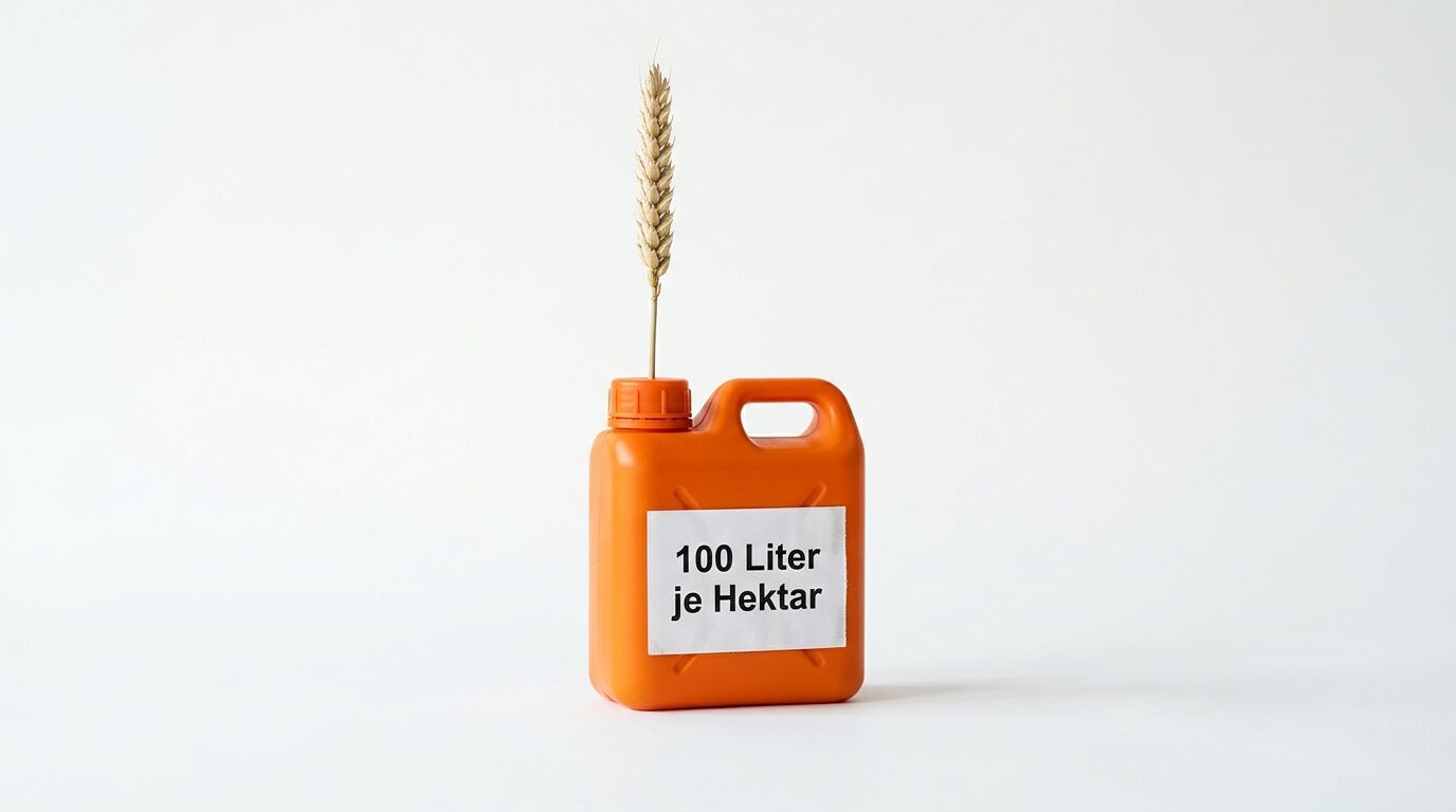 Ein oranger Kanister mit einem Etikett, auf dem „100 Liter je Hektar“ steht, und einer Ähre