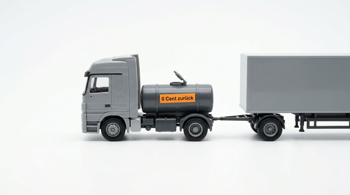 Grauer Modell-Lastwagen mit Tank, Text „0 Cent zurück“ und Containeranhänger vor weißem Hintergrund