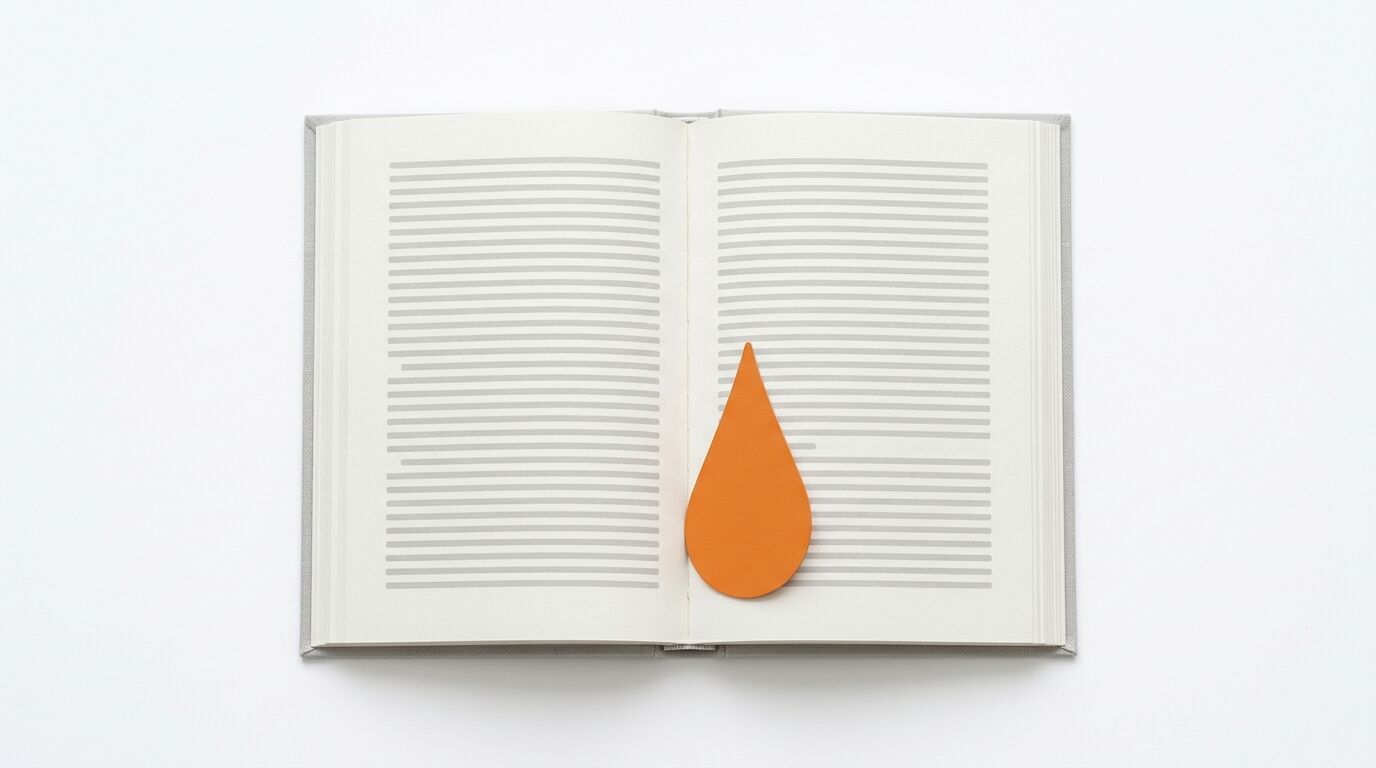 Ein offenes Buch mit Linienmuster und einem orangen tropfenförmigen Element auf der rechten Seite