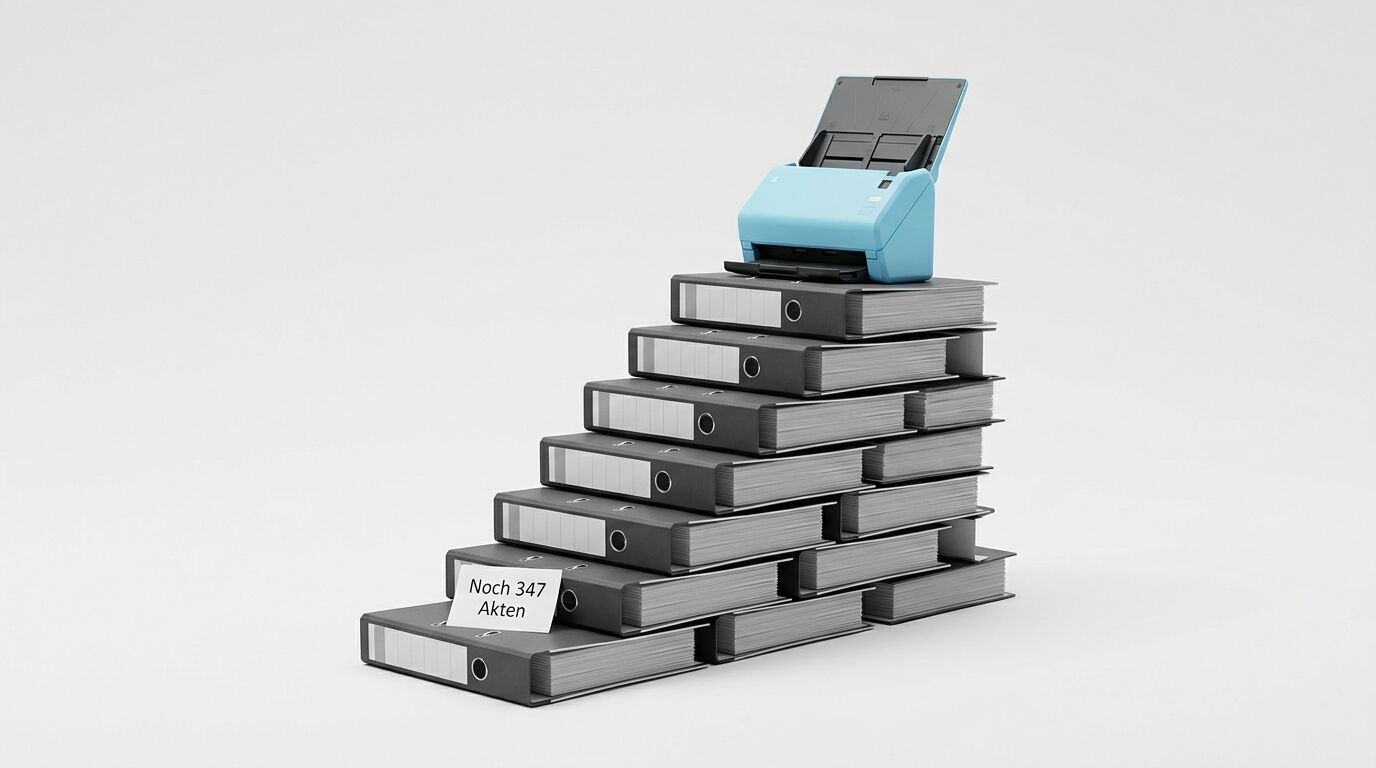 Blauer Scanner auf gestapelten Aktenordnern. Ein Etikett zeigt "Noch 347 Akten". Symbolisiert Digitalisierung von Dokumenten