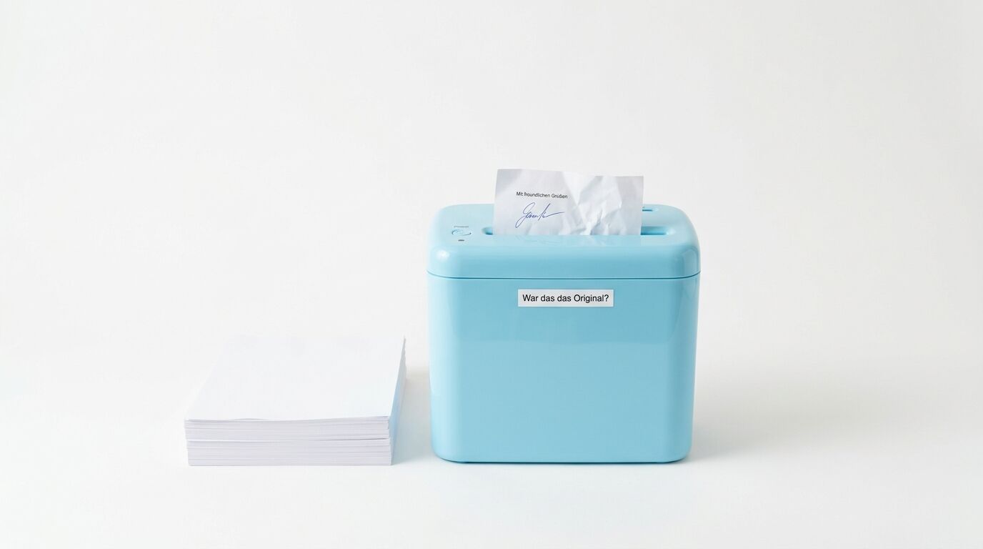 Hellblauer Papiertuchspender mit Tüchern und Aufkleber "War das das Original?" neben Papierstapel