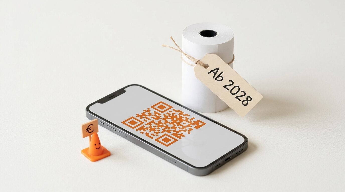 Handy mit QR-Code, eine Papierrolle mit Preisschild und ein orangefarbenes Symbol mit Eurozeichen
