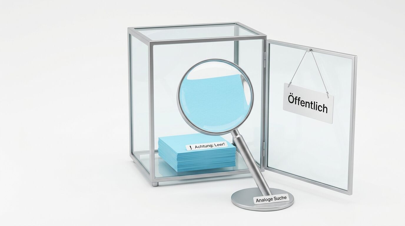 Glasvitrine mit blauem Papierstapel, Lupe davor, offene Tür mit Schild „Öffentlich“ auf Weiß