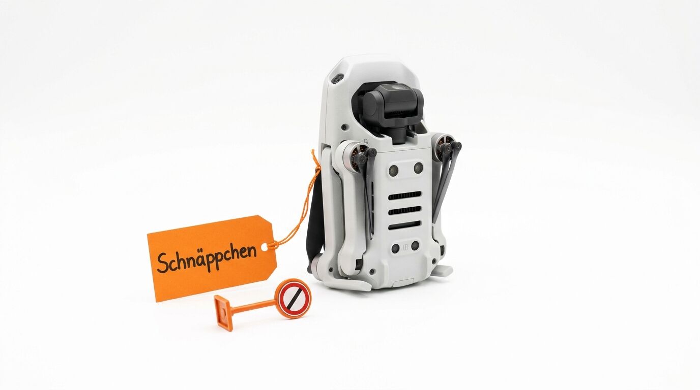 DJI Mini 2 Drohne gefaltet mit „Schnäppchen“ Schild und Verbotszeichen auf weiß
