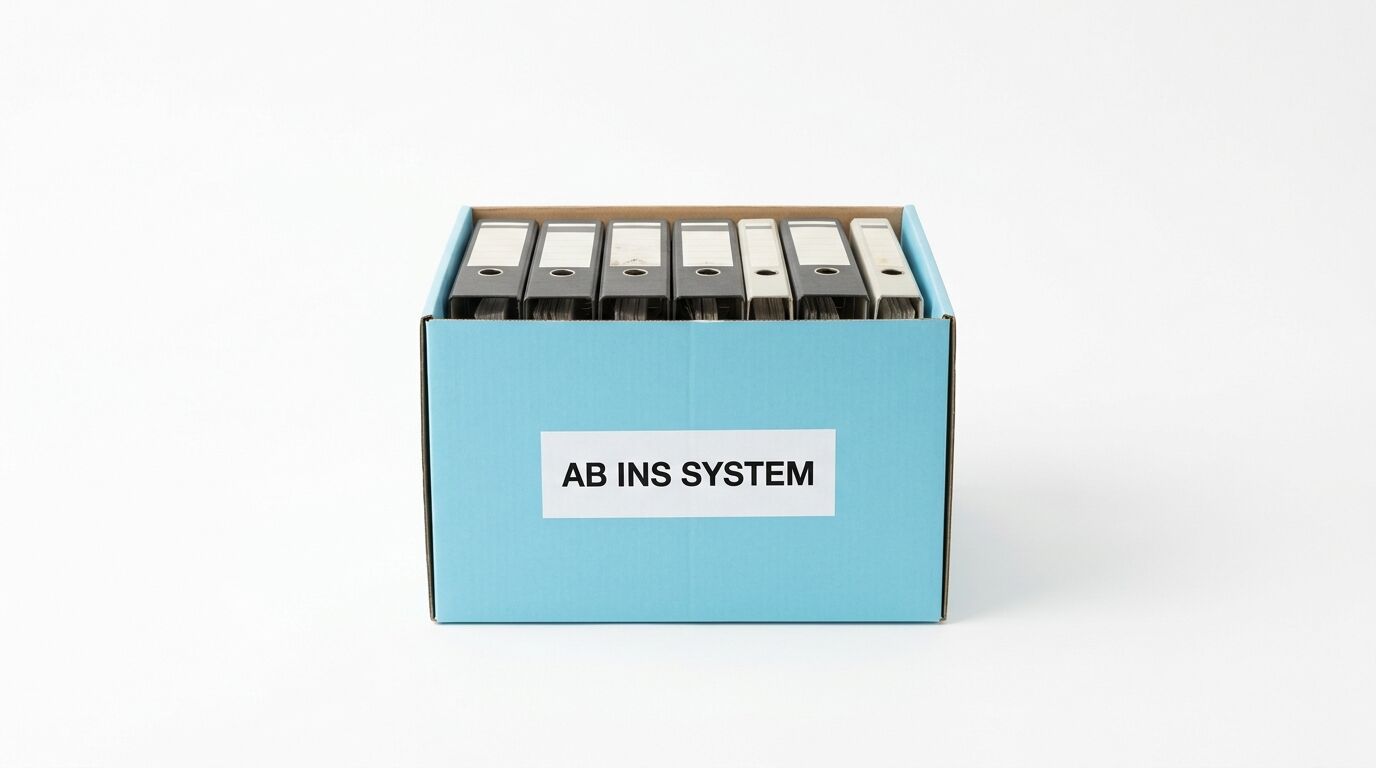 Hellblaue Schachteln mit Archivmappen, beschriftet mit "AB INS SYSTEM", vor weißem Hintergrund