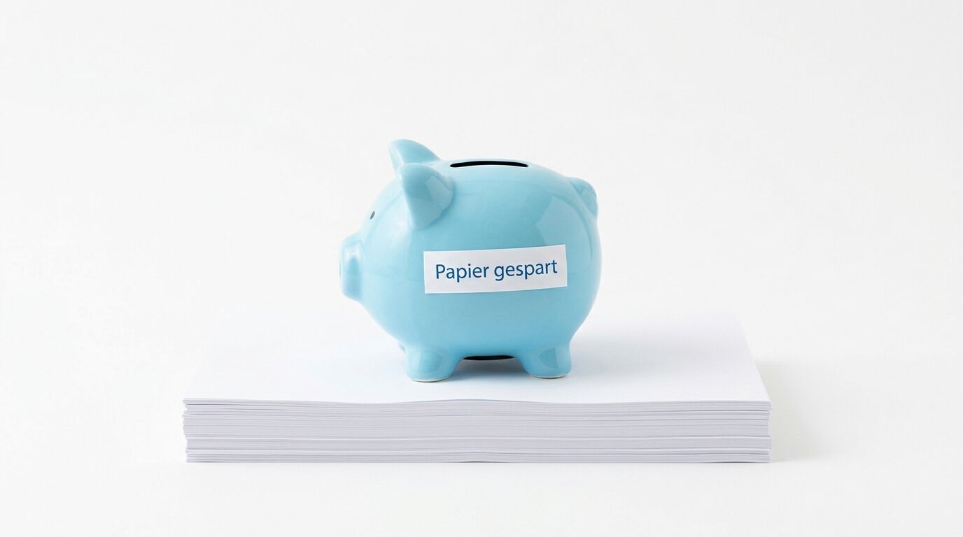 Hellblaues Sparschwein mit Aufkleber "Papier gespart" steht auf einem Stapel weißer Papierblätter