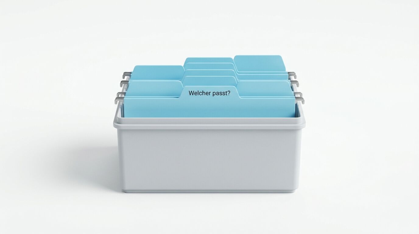 Weiße Kunststoffbox mit blauen Karteireitern und der Aufschrift "Welcher passt?" auf grauem Hintergrund