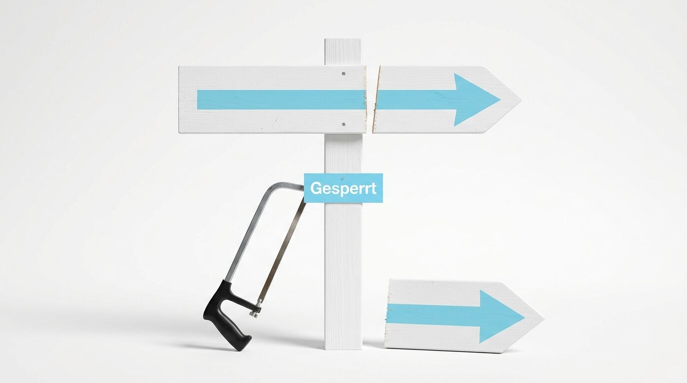 Zersägter Wegweiser, Säge, Schild „Gesperrt“, abgefallener Pfeil auf weißem Grund