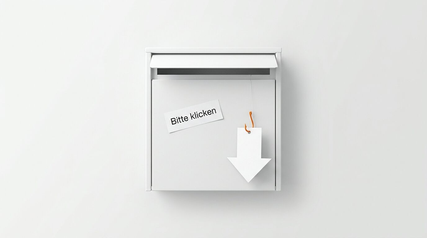 Weißer Briefkasten mit Angelhaken und Hinweistext „Bitte klicken“