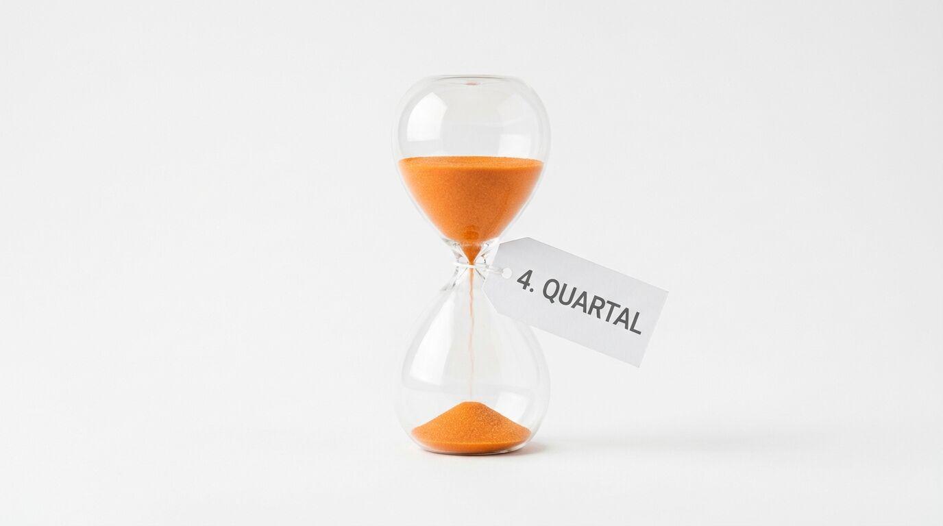 Eine Sanduhr mit orangerotem Sand und einem Etikett „4. QUARTAL“ auf weißem Hintergrund