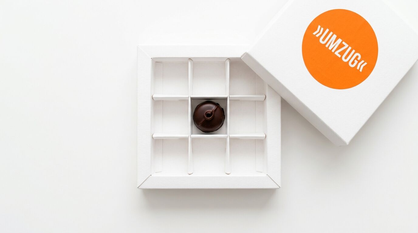 Weiße Pralinenschachtel mit einer Praline und Deckel mit orangefarbenem „»UMZUG«“ Sticker