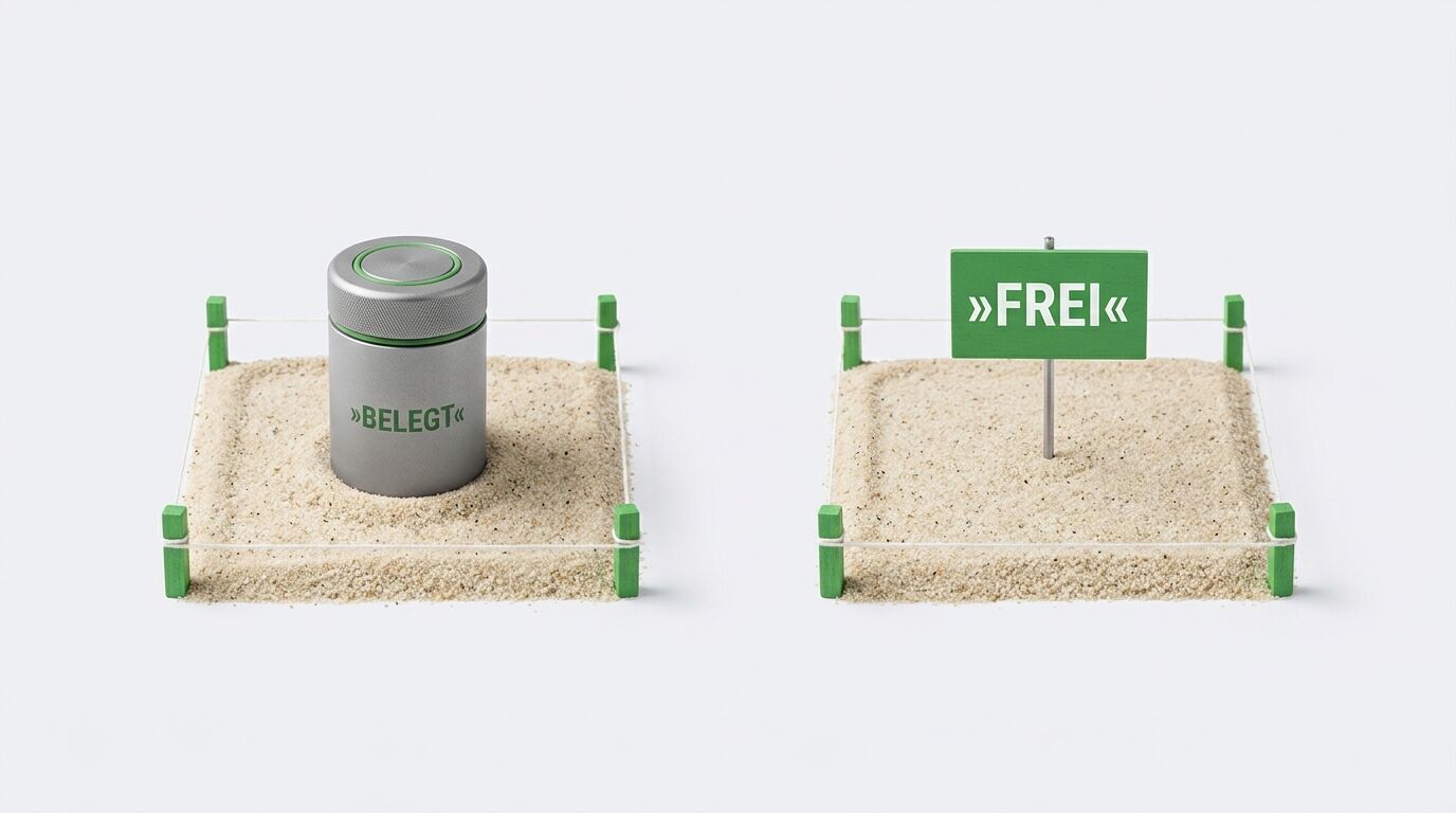 Zwei Sandfelder: Eines mit Dose („BELEGT“), das andere mit Schild („FREI“)