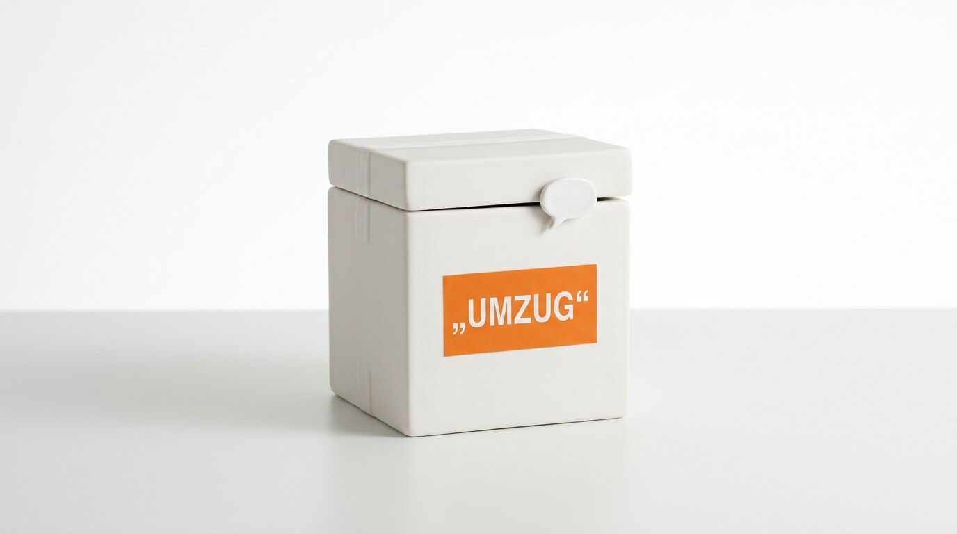 Weiße Keramikbox mit Deckel und orangefarbenem Aufkleber „UMZUG“ auf weißem Grund