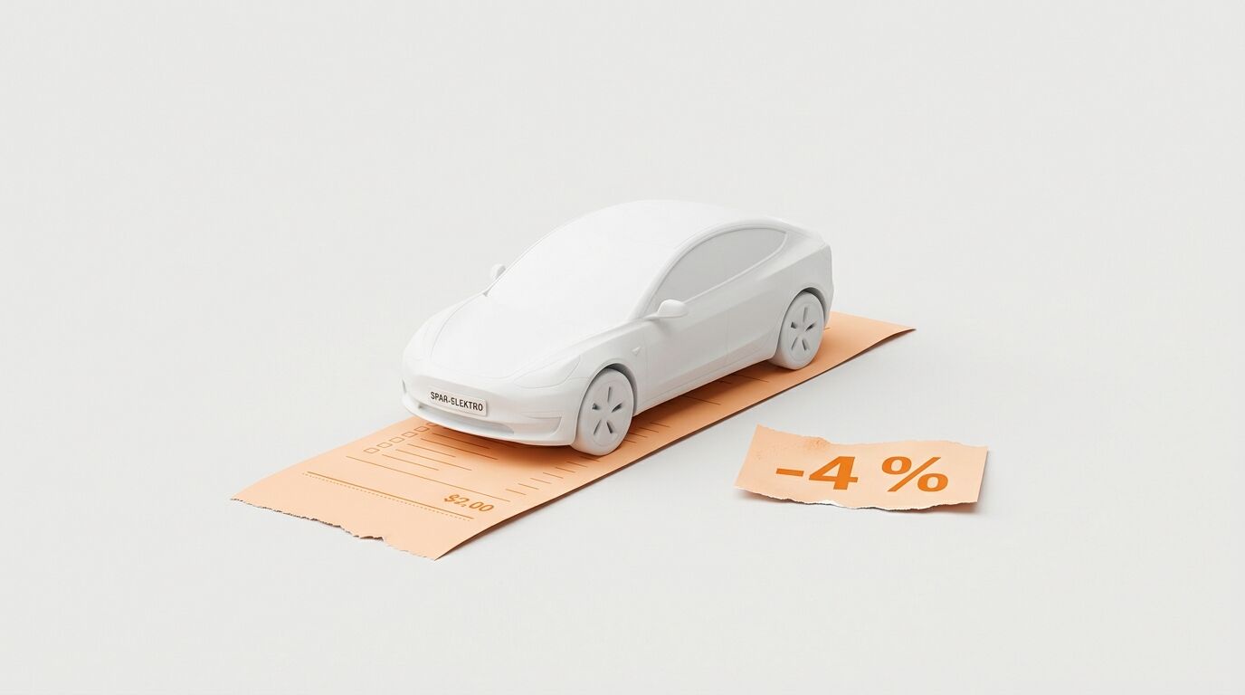 Weißes Spielzeugauto auf orangefarbenem Quittungsstreifen und Zettel mit „-4 %“