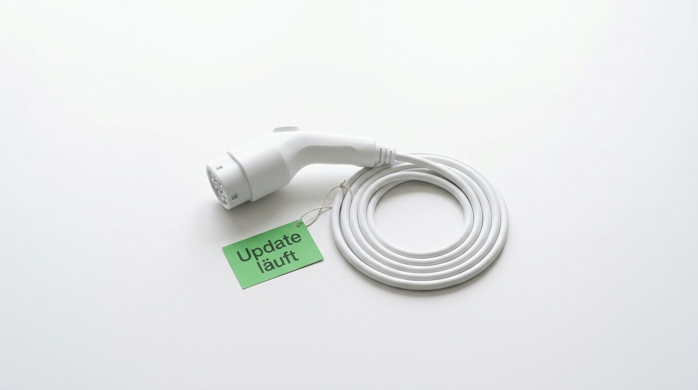 Ladekabel für E-Auto mit Anhänger: „Update läuft“ (grün) vor weißem Hintergrund