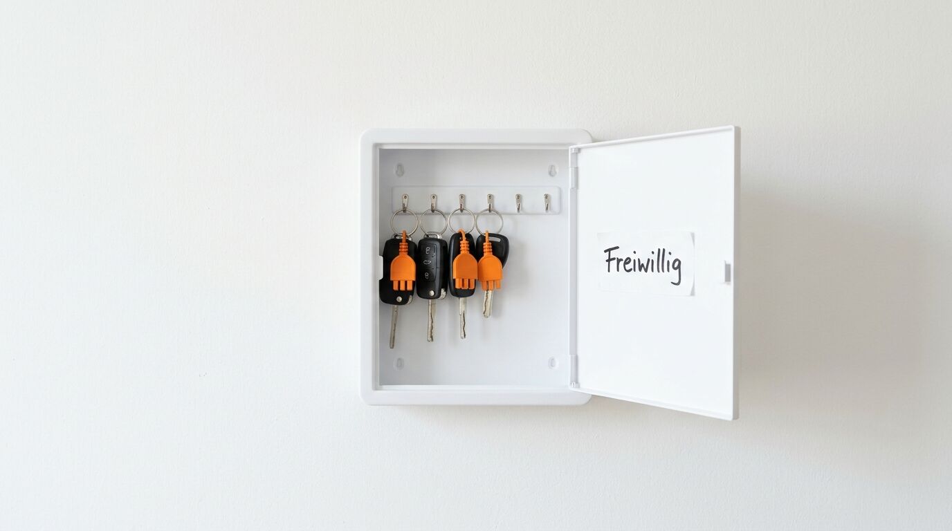 Geöffneter weißer Schlüsselkasten mit vier Schlüsseln und Aufkleber „Freiwillig“ an der Tür