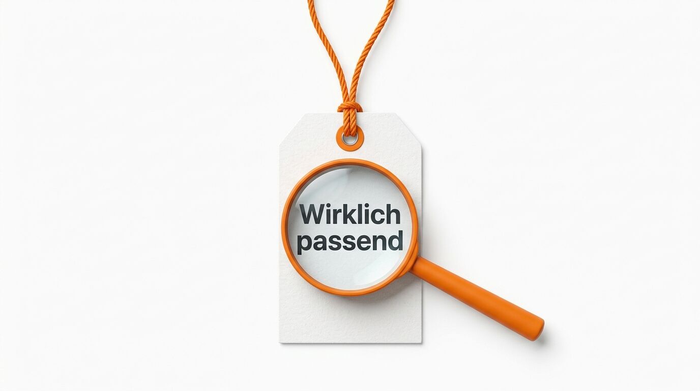 Ein weißes Etikett mit orangem Rand und Schnur, durch das eine Lupe mit orangem Griff schaut. Im Etikett steht "Wirklich passend"