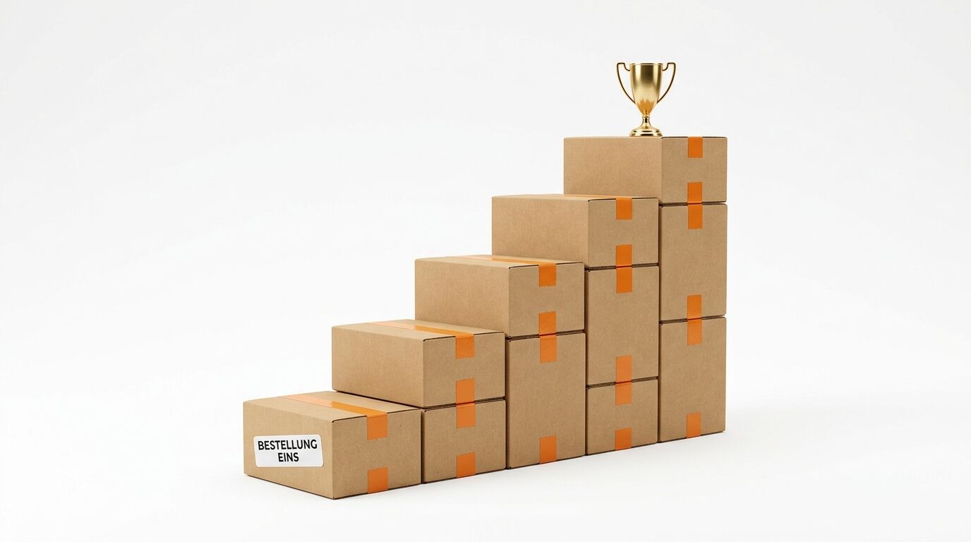 Treppenstufig angeordnete Kartons mit orangefarbenen Klebestreifen und Pokal oben. Etikett "BESTELLUNG EINS" sichtbar