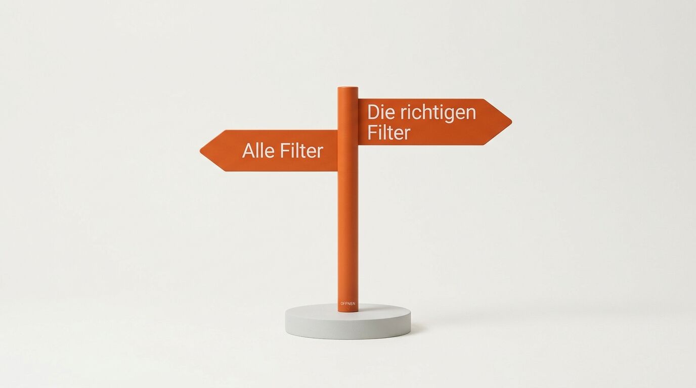 Orangener Wegweiser mit zwei Pfeilen: links "Alle Filter", rechts "Die richtigen Filter" auf grauem Untergrund