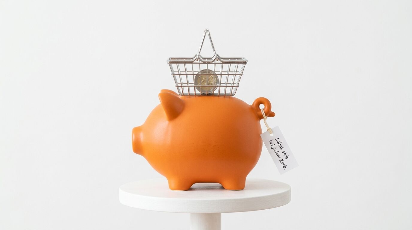 Oranges Sparschwein auf weißem Podest mit Einkaufskorb und Münze, Preisschild mit Text "Unser Spar-Budget-Korb"