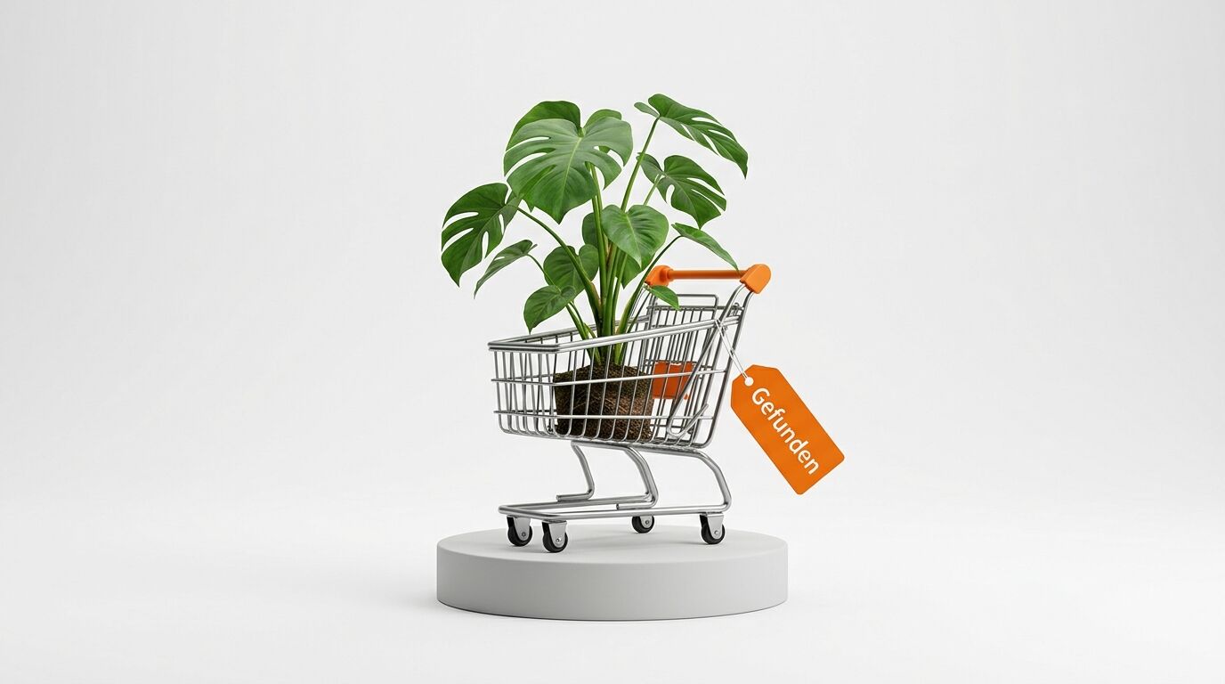 Einkaufswagen mit grüner Monstera-Pflanze auf grauem Podest, orange Preisschild mit "Geftunden"-Text
