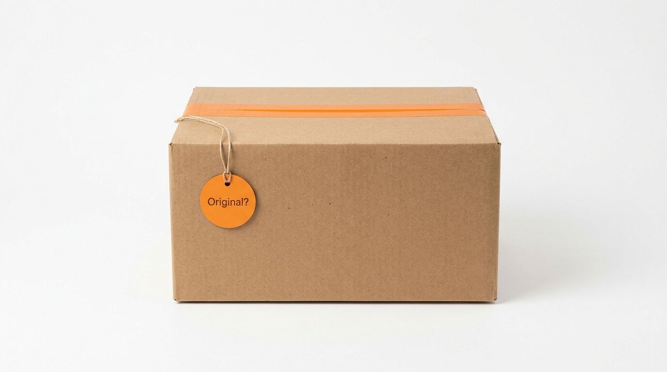 Geschlossene Pappe Box mit orange Klebeband und rundem Orange Anhänger mit Text "Original?"