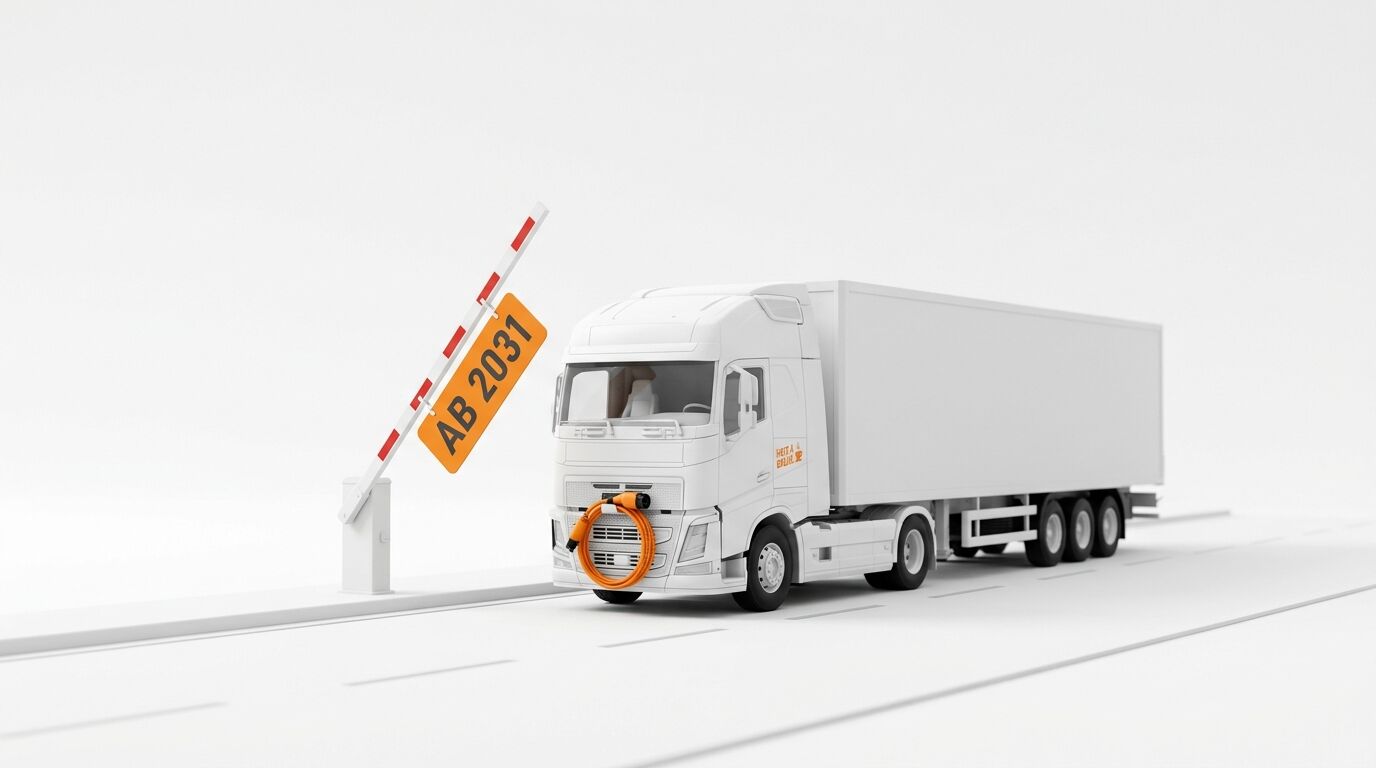 Ein weißer E-Lkw mit einem gelben Schild an der Schranke, auf dem steht: