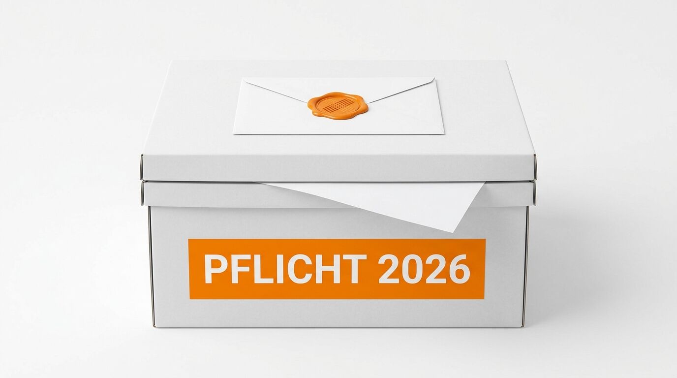 Eine weiße Box mit Aufschrift und ein Umschlag mit Wachssiegel darauf