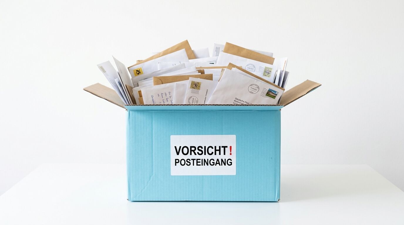 Offener türkiser Karton mit Aufkleber "VORSICHT! POSTEINGANG" gefüllt mit Briefen und Dokumenten