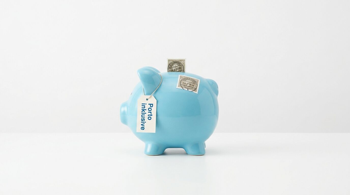 Blaues Sparschwein mit weißem Etikett "Porto Inklusive" und zwei Briefmarken auf hellgrauem Hintergrund