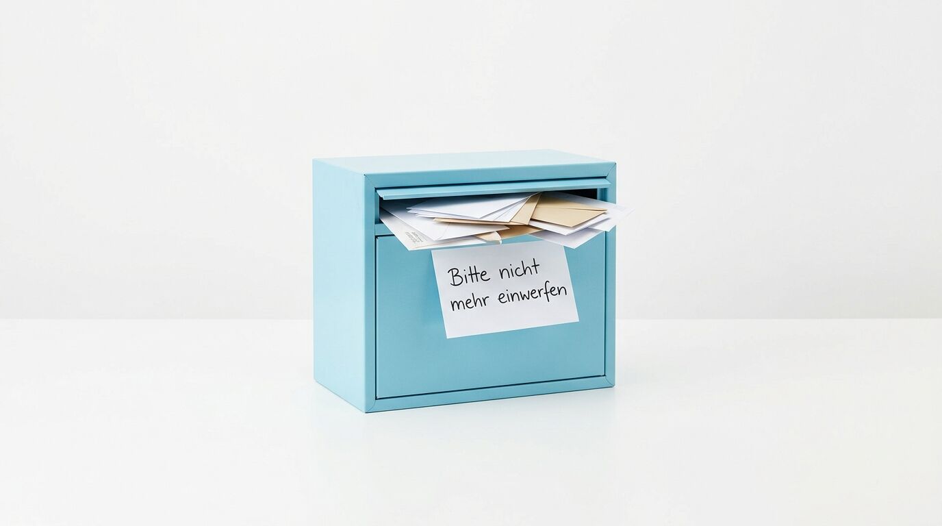 Ein hellblauer Briefkasten überlädt mit Papieren und Umschlägen, auf dem ein Schild mit der Aufschrift "Bitte nicht mehr einwerfen" klebt