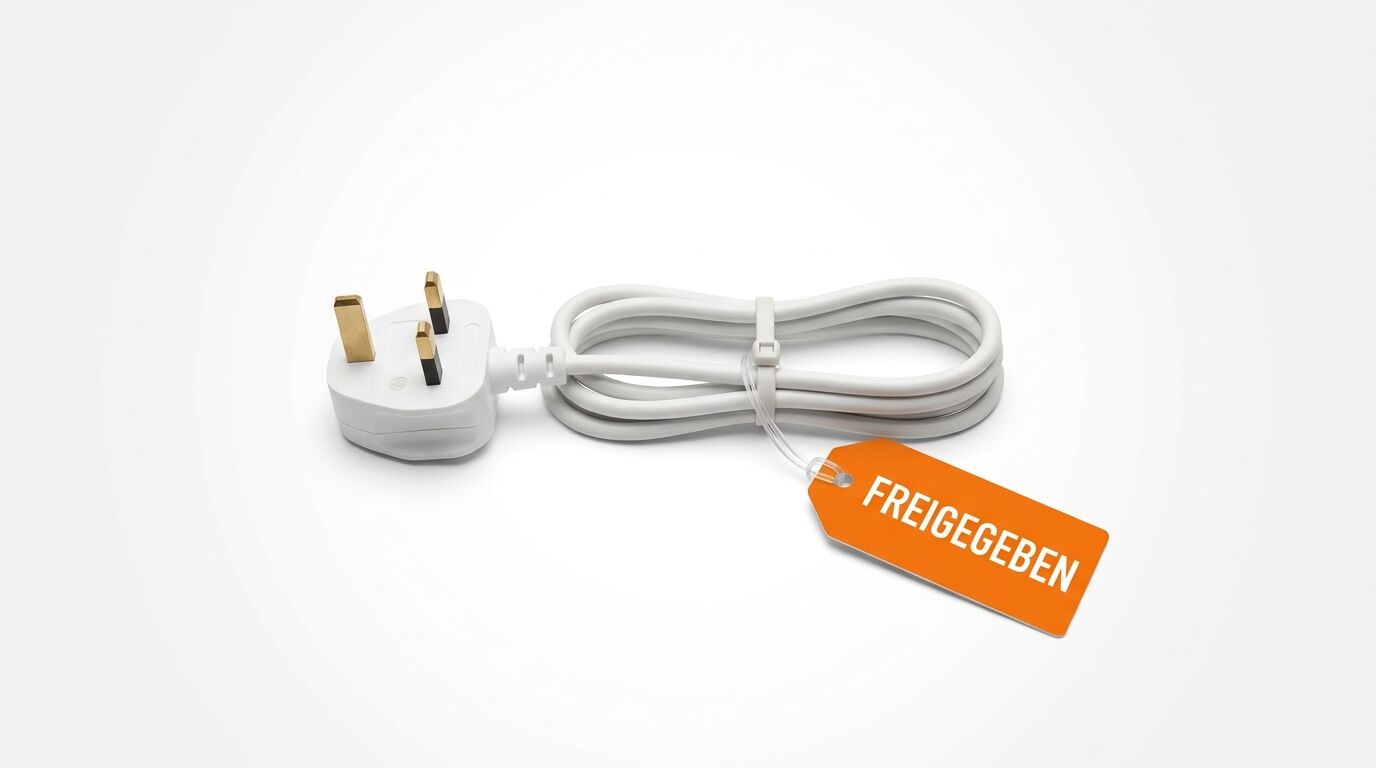 Weißes UK-Stromkabel mit orangefarbenem Anhänger und Aufschrift „FREIGEGEBEN“