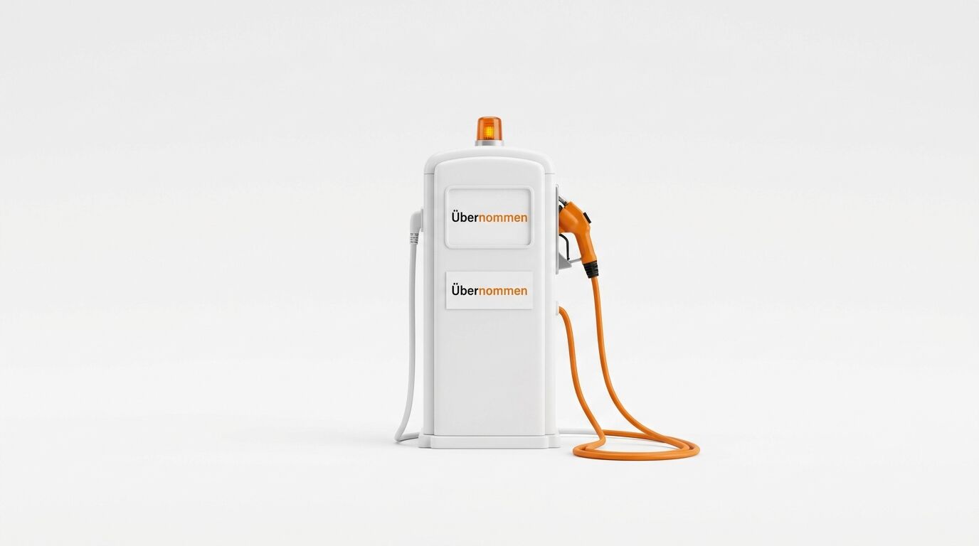 Weiße Retro-Zapfsäule mit orangem Ladekabel und Text „Übernommen“ vor weißem Hintergrund